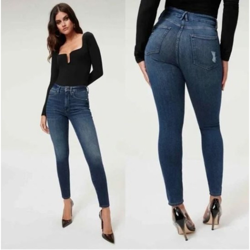 Good American Good Legs High Rise Distressed Skinny Jeans Blue Wash Size 2 26